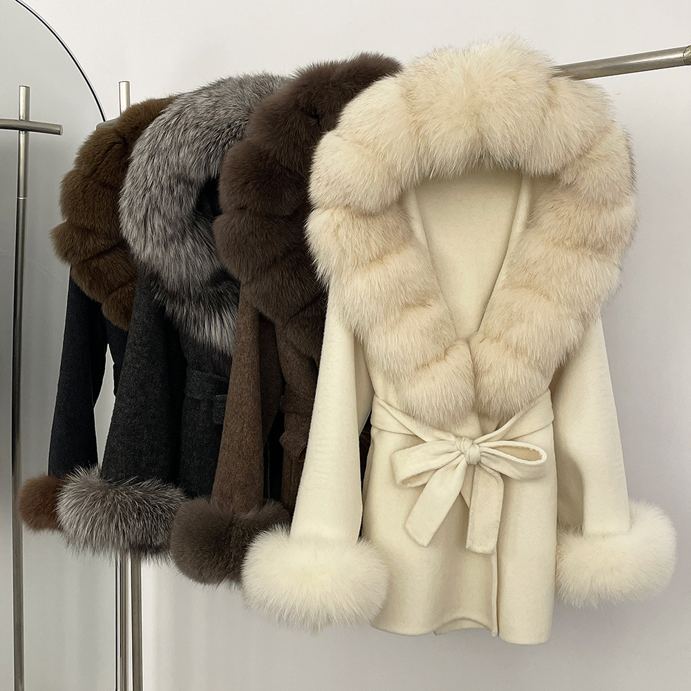 Elegant Oversized Fox Fur Collar Double-Faced Wool Coat For Women - Warm Winter Outerwear With Hood, Loose Fit, Mid-Length...