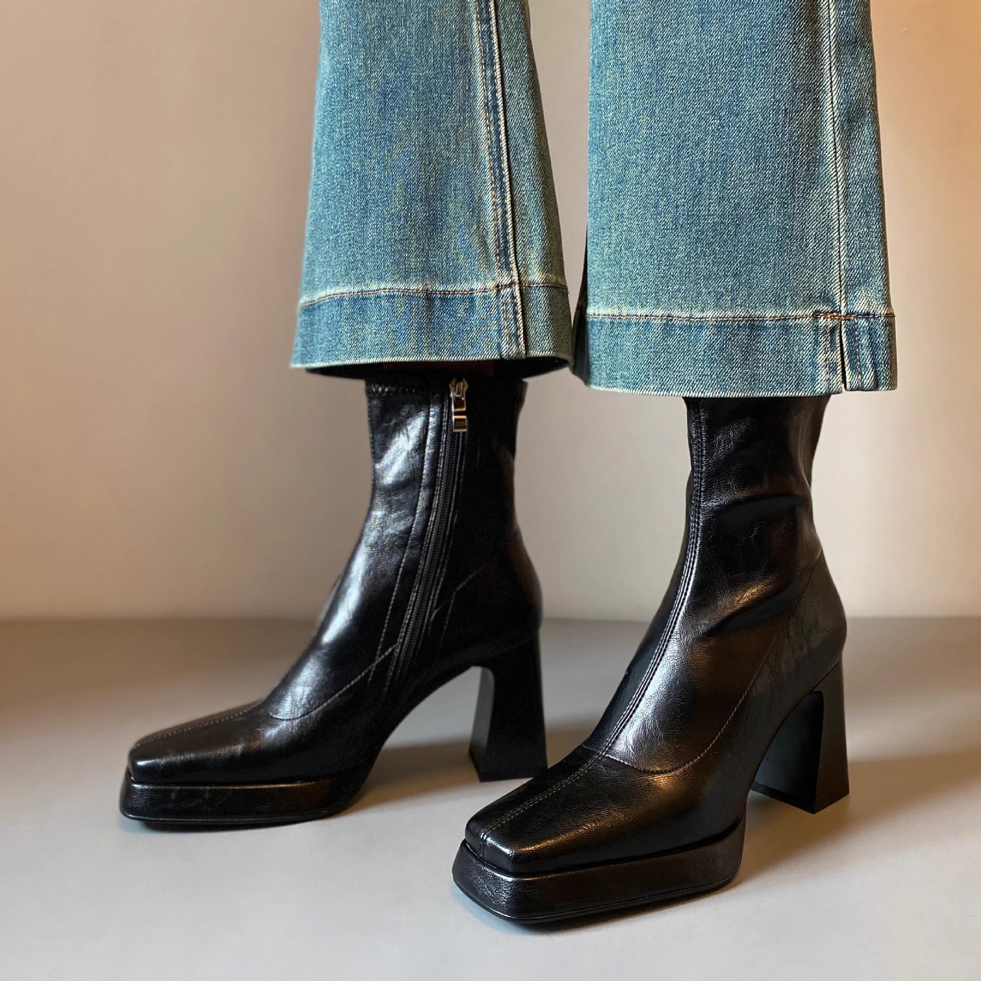Horse Leather~High Ankle For Women, Autumn And Winter, Petite Waterproof Platform Chunky Heel Genuine Leather - Schuhe