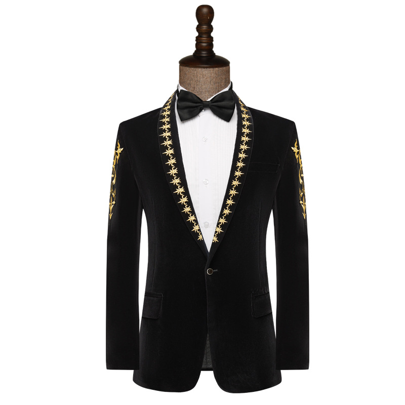 Men's Clothing Men's performance costume singer stage bar performance host art examination dress velvet black embroidered ...