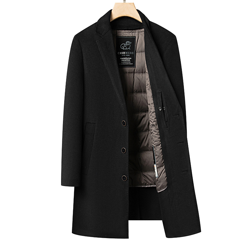 Herrenmantel aus Wollmischung mit abnehmbarem Daunenfutter – Langer Winter-Peacoat, Business Casual, einreihig, Design mit...