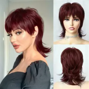 99J Human hair Mullet Wig Pixie Cut wigs 70S 80S No Lace front Wig With Bangs Short shaggy Layered Wigs For Party Cosplay ...