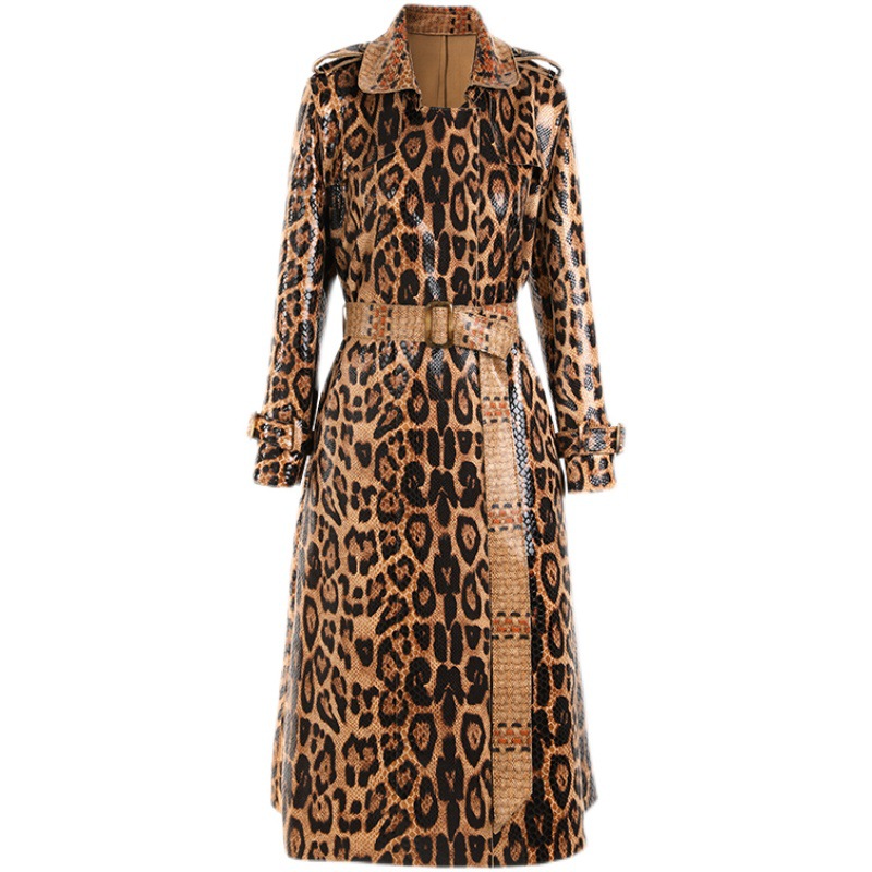 Women's Clothing Spot Spring and Autumn Snakeskin Leopard Print Long Windbreaker Goddess Long Sleeve Leather Top Jacket Wo...