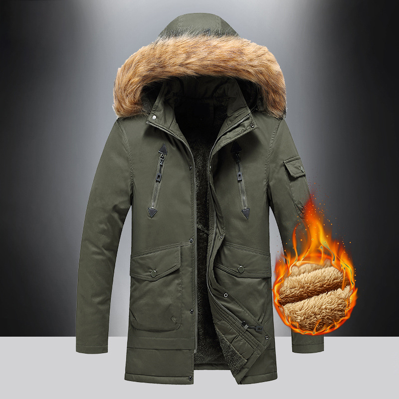 Winter Men's Velvet Thickened Cotton-padded Clothes, Medium And Long Loose Coats, Removable Caps, Windproof And Warm, Midd...