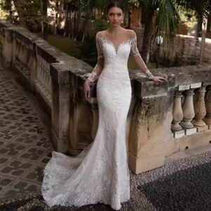 Women’s Clothing Long sleeved fishtail wedding dress forest style new bride simple deep V neck backless travel photography...