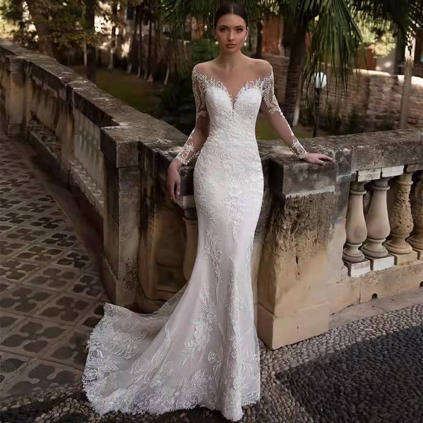 Women’s Clothing Long sleeved fishtail wedding dress forest style new bride simple deep V neck backless travel photography...