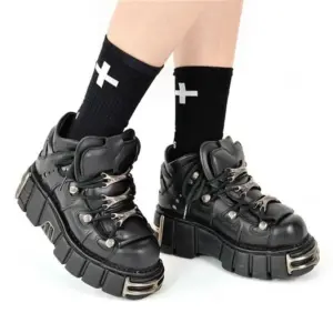 2024 New Punk Style Laces Heel Height 6CM Platform Rock Boots Metal Decoration Womens Sports Shoes T240530 - Schuhe