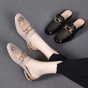 Baotou Half-soled Women's Summer 26th New Soft Leather Thick Heel Flip-flop, Lacquered Leather Low Heel - Schuhe