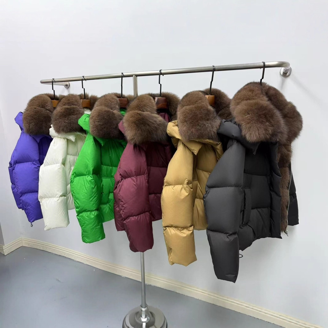 Women's Premium Fox Fur-Trimmed Short Puffer Jacket – Oversized Duck Down Coat With Detachable Collar (S-XL, Pastel & Jewe...