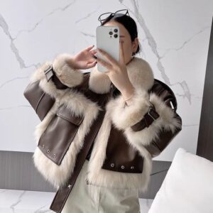 Women's Fox Fur Patchwork Fur Motorcycle Vintage Loose Jacket - Damenbekleidung | Technik & Gadgets