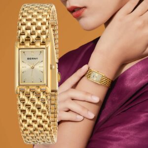BERNY Small Gold Watches For Women, Dainty Luxury Stainless Steel Rectangular Bracelet Watch, Waterproof, Ladies Analog Qu...