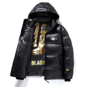 Unisex Black & Gold Star Puffer Jacket - Short Winter Coat With 3D Silicone Stars, Streetwear Style - Herrenbekleidung