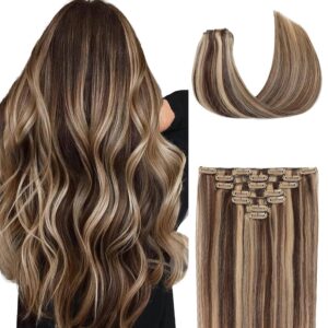 Clip In Hair Extensions Real Human Hair 22 Inch Brown To Caramel Blonde Hair Extensions Clip In Double Weft 100% Real Huma...