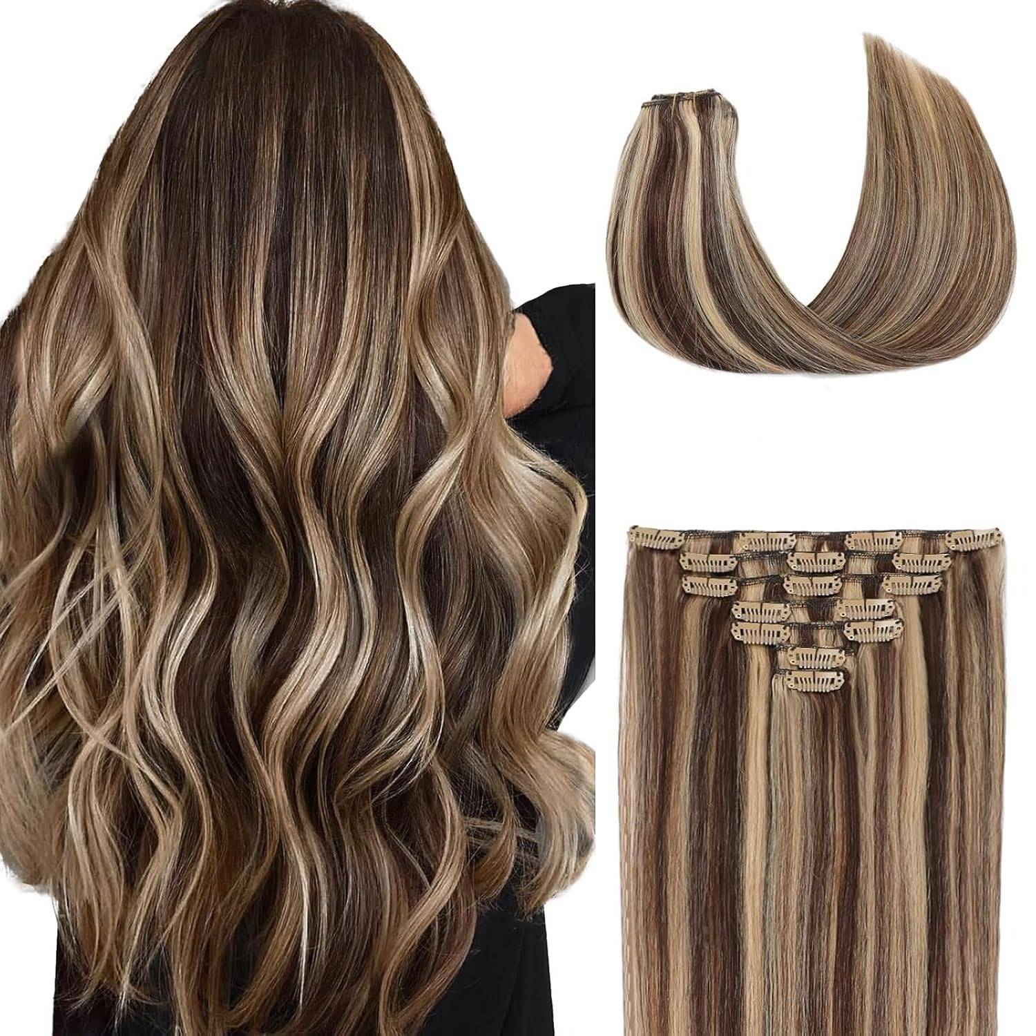Clip In Hair Extensions Real Human Hair 22 Inch Brown To Caramel Blonde Hair Extensions Clip In Double Weft 100% Real Huma...