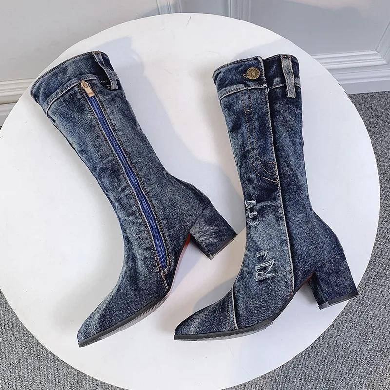 Sexy Jean Boots Women's Mid Calf Boot Zipper High Heel Woman Stylish Jeans Boots Ladies Denim Boot Female Shoes Cowboy 202...