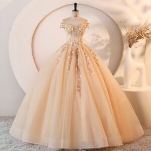 Elegant Champagne Gold Wedding Dress – Heavy Embellished Ball Gown With Deep V-Neck, Sweetheart Neckline, Sleeveless Desig...