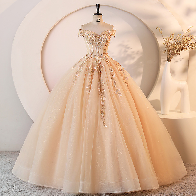Elegant Champagne Gold Wedding Dress – Heavy Embellished Ball Gown With Deep V-Neck, Sweetheart Neckline, Sleeveless Desig...