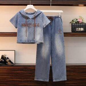 Summer Fashion Denim Two Piece Suit Elastic Trousers Hooded Jacket Women Wide Leg Stylish Loose Slim Two Piece Set - Damen...
