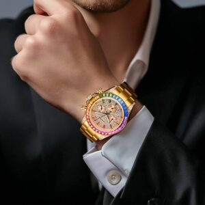 ROERDUM Daytona Rainbow Collection - Gold-Tone Bracelet，Multicolor Gradient Dial ，Premium Men's Automatic Mechanical Watch...