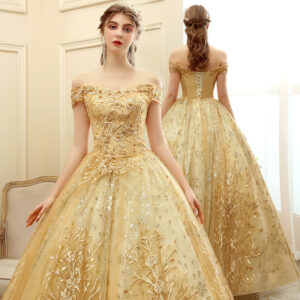 Golden evening dress for women atmospheric stage performance tutu skirt long host company annual meeting dress - Damenbekl...