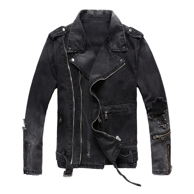 Men's Clothing Punk Style Motorcycle Jacket Men's Ripped Casual Versatile Slim Black Denim Jacket Youth Autumn And Winter ...