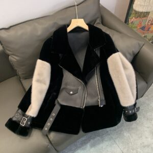 ​​Faux Fur Jacket Women's Fashion Coat - PU Leather Trim, Short Length, Stylish Motorcycle Design, Soft & Warm Winter Oute...