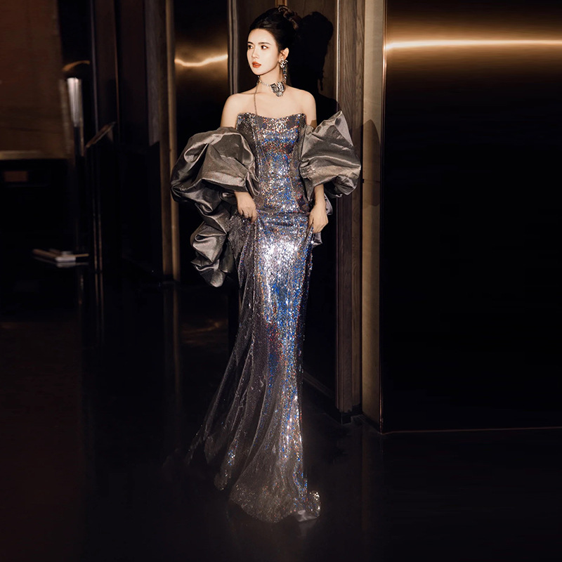 Women’s Clothing evening dress long skirt female host celebrity banquet annual meeting temperament light luxury tube top d...
