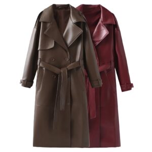 Autumn New Women's Clothing Solid Color Temperament Slimming Loose Fashion Long Leather Windbreaker For Women - Damenbekle...