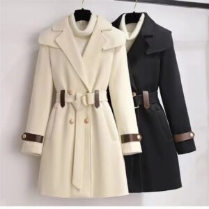 2023 New Autumn And Winter Wool Jacket Womens Clothing Woolen Coats Slim Belt Elegant Long Coat Female Beige Black - Damen...