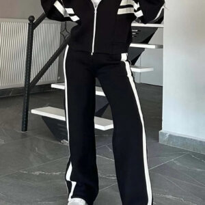 Women's Clothing Striped Zip-Up Tracksuit Set For Women – Trendy Poly-Spandex Sporty Outfit (White, Black, Green, Gray, Br...