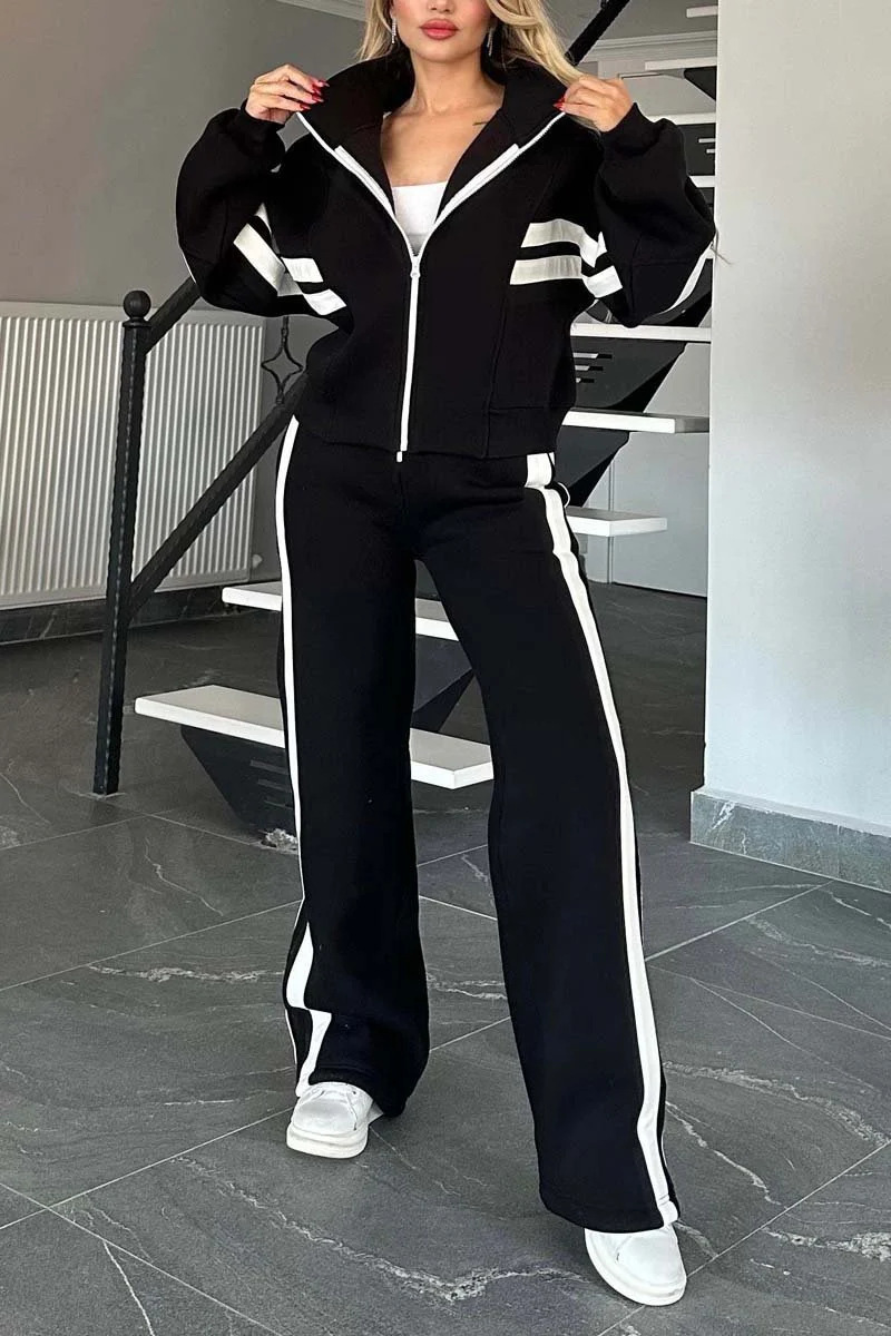 Women's Clothing Striped Zip-Up Tracksuit Set For Women – Trendy Poly-Spandex Sporty Outfit (White, Black, Green, Gray, Br...