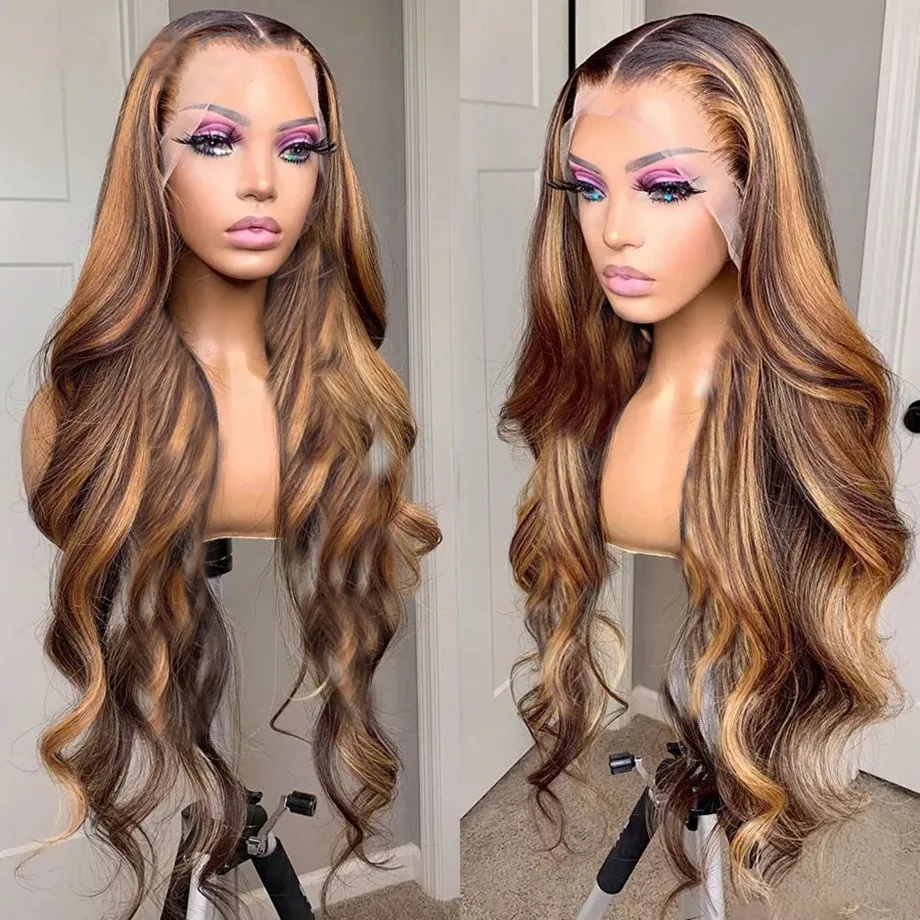 13x6 HD Highlight Wig Human Hair 30 Inch Body Wave Lace Front Wig Ombre Colored Brazilian Honey Blonde Wigs - Haircare Pro...
