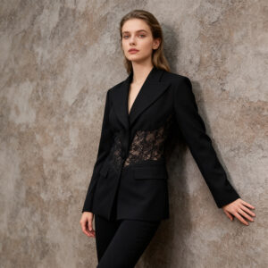 Premium Black Blazer 2025 Winter New Women's Clothing Lace Splicing Sexy Waist Design Top Women - Damenbekleidung