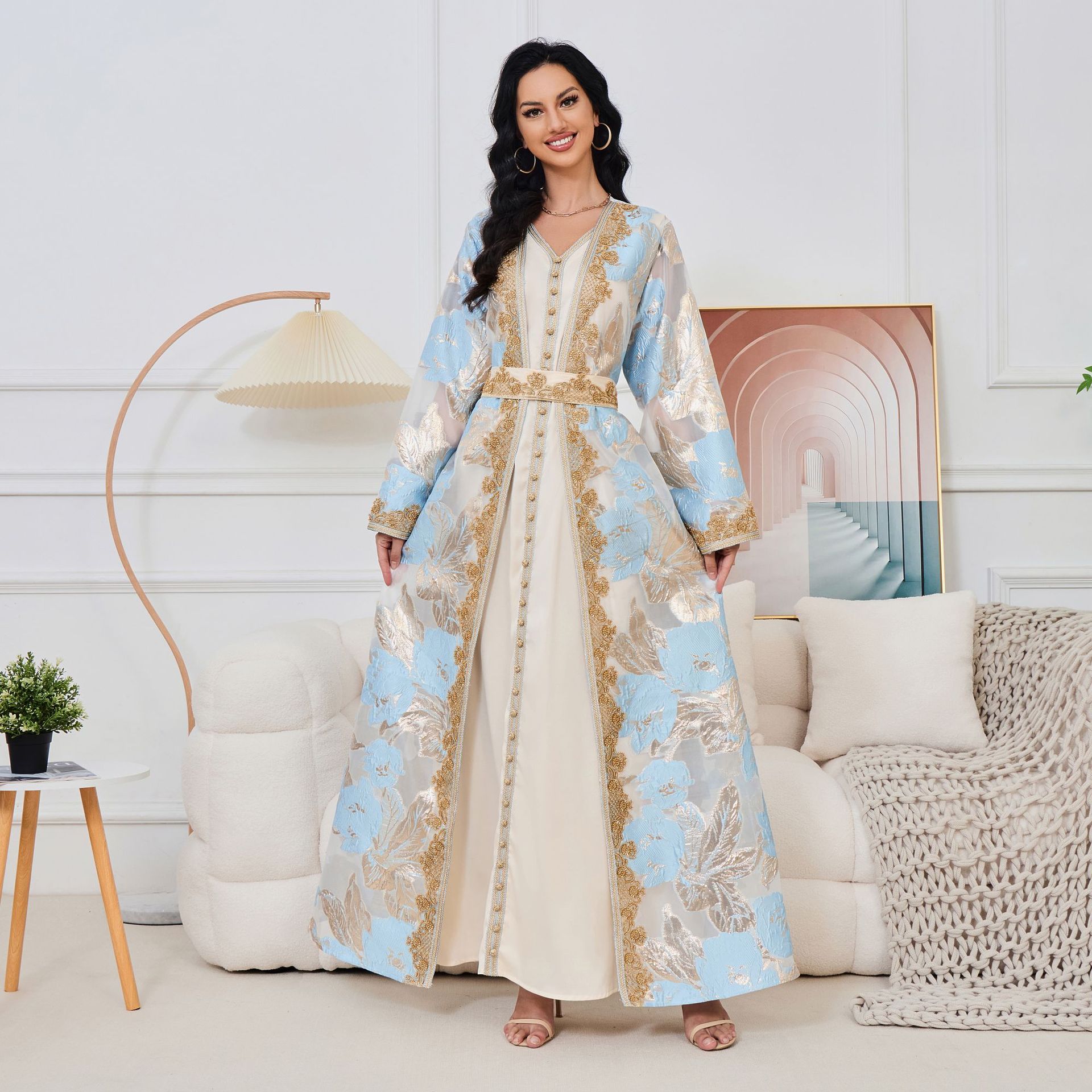 Middle Eastern Women's Abaya Dress, Dubai Style Long Gown With Exquisite Hand-Beaded Detailing, Elegant Party Gown Two-Pie...