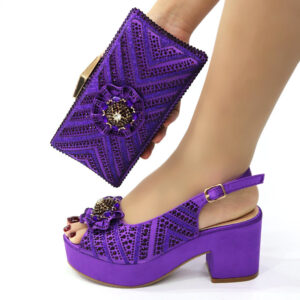 Women's Shoes Brown Small Square Evening Bag With Thick Heel Ladies Hot Diamond Sandals, Full Diamond Shoe Bag Set Combina...