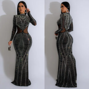 Women's Clothing fashion women's solid color mesh rhinestone long skirt dress - Damenbekleidung | Technik & Gadgets