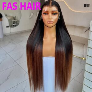Ombre Brown Straight Lace Wig - 100% Human Hair (Natural Look, Medium Length, Heat Resistant)​ - Haircare Products