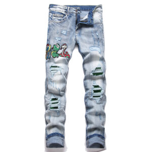 Men Snake Embroidery Jeans Streetwear Pleated Patch Slim Tapered Pants Ripped Distressed Stretch Denim Trousers - Herrenbe...