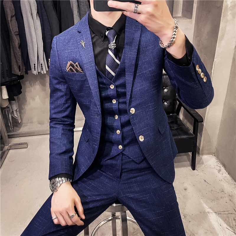 Men's style slim-fit dark pattern men's two-button suit three-piece suit spring and autumn style gentleman men's suit vest...