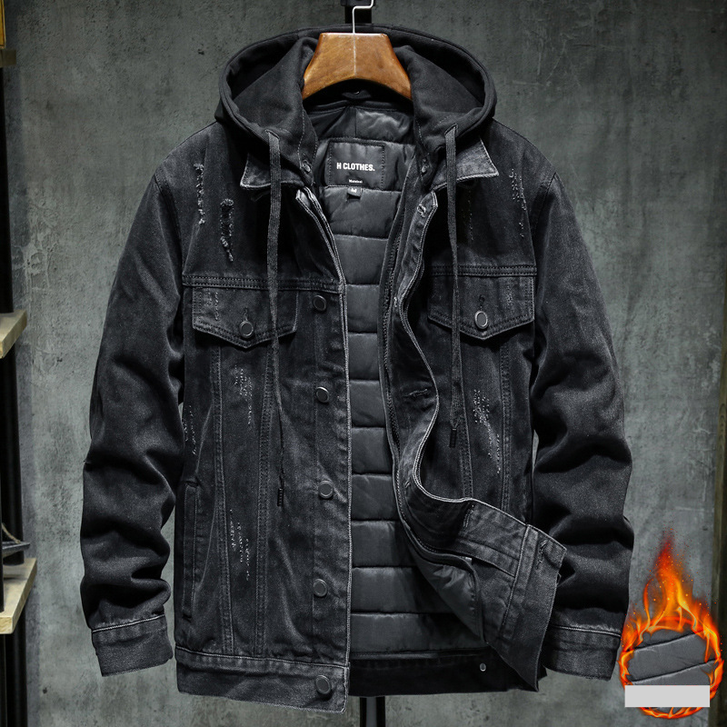 Men's Clothing Men's Denim Jacket Trendy Autumn And Winter Wear Plus Velvet Thickened Hooded Casual Versatile Workwear Fun...
