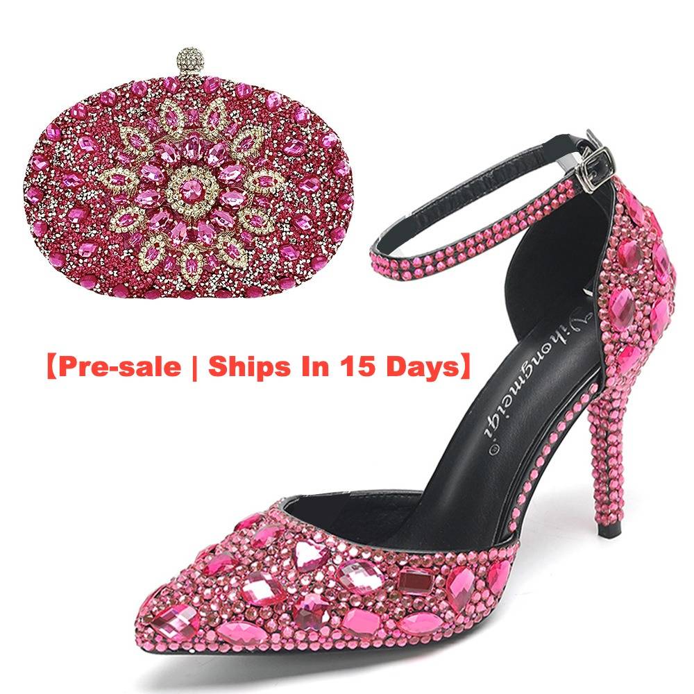 【Pre-sale | Ships In 15 Days】Women's Shoes Stiletto Combination Banquet Pointed Low Top Solid Color Wedding Diamond High H...