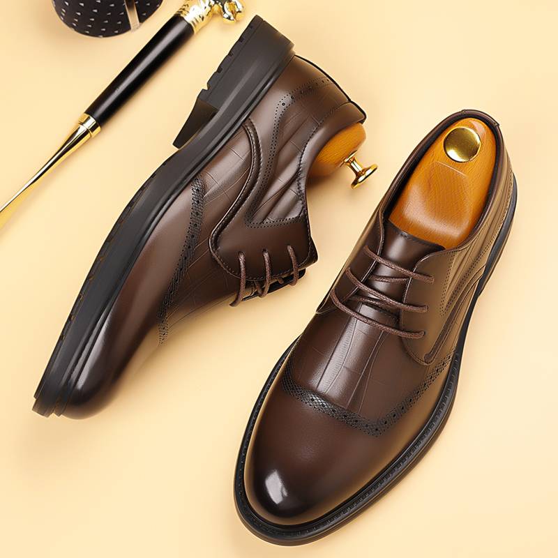 New Fashion Business Genuine Leather British Brock Men's Shoes Men's Business Formal Wear Oxford Shoes Lace-up Fashion Bla...