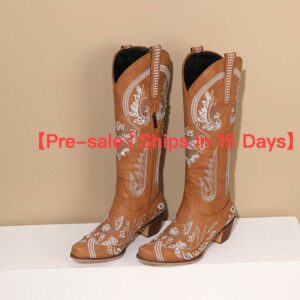 【Pre-sale | Ships In 15 Days】Women's Embroidered Rhinestone Chunky Heels With Side Zipper High Leg Fashion Western Boots F...