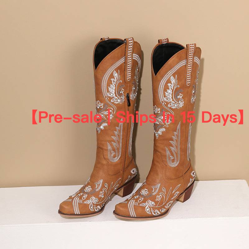 【Pre-sale | Ships In 15 Days】Women's Embroidered Rhinestone Chunky Heels With Side Zipper High Leg Fashion Western Boots F...