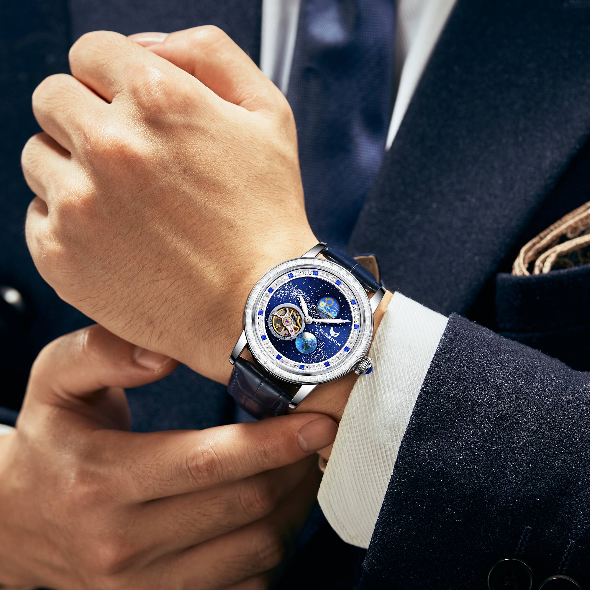 ROERDUM Wandering Planet - Leather Strap, Blue Dial, Trendy Men's Mechanical Watch - Herrenschmuck | Technik & Gadgets