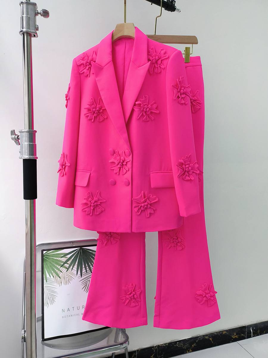 Women's Clothing pink suits and pants, celebrity style two-piece suitSuit collar long sleeve coat micro cropped pants -di...