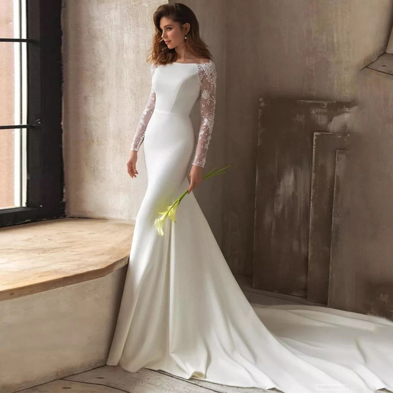 Women's Clothing Long Sleeved Wedding Dress, Forest Style, New Style, Simple U Neck, Slim Fishtail Style, Travel Photograp...