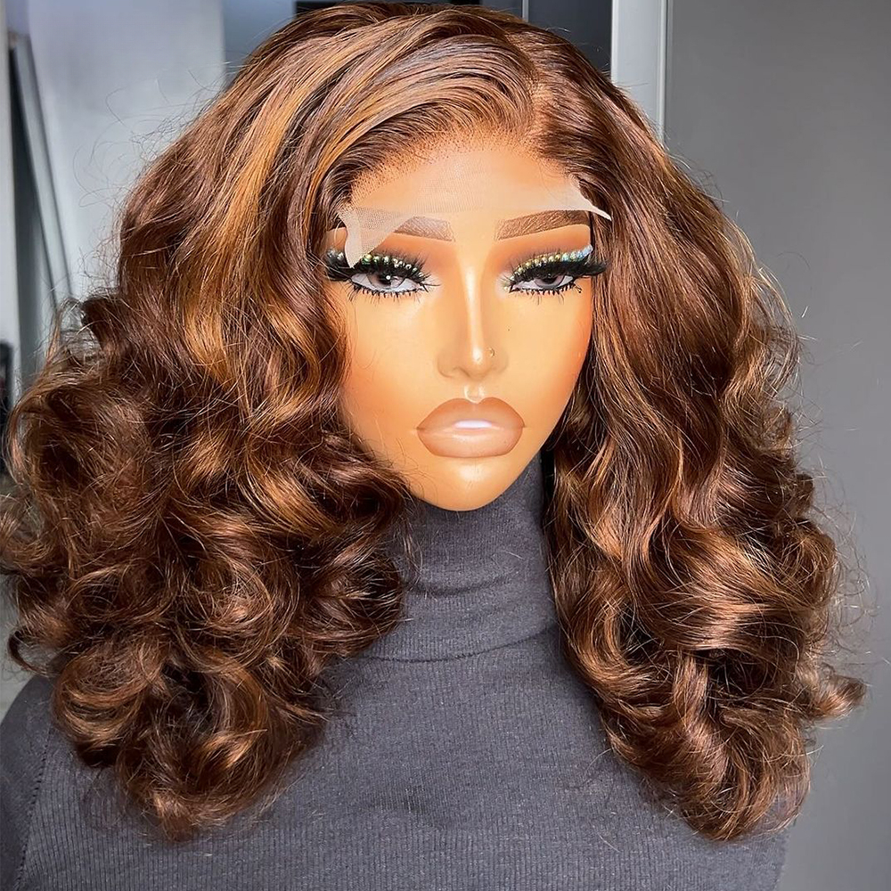 200 Density Bouncy Curl Highlight Honey Blonde Double Drawn Wig Human Hair 13x4 Lace Frontal Wig Preplucked Brazilian HD T...