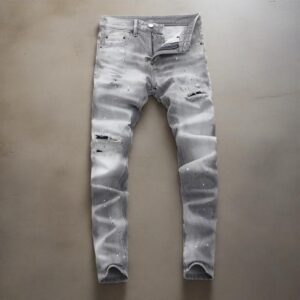 Men's Clothing High Street Fashion Men's Jeans Old Gray Washed Hole Patch Paint Trendy Brand Slim Fit Pants - Herrenbeklei...
