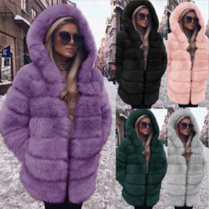 Elegant Faux Fur Fox Trim Hooded Coat For Women – Stylish Longline Outerwear With Leather Accents, Available In Multiple C...
