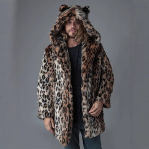​Men's Faux Fur Hooded Coat With Leopard Print, Winter Warm Long Jacket For Streetwear Fashion​ - Herrenbekleidung
